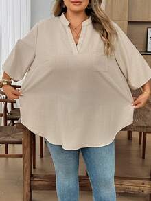 SHEIN CURVE+ Áo sơ mi đen tay xắn cổ tay cho người size lớn, thanh lịch, đi nghỉ, cơ bản - Màu be - Xem 5