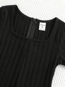 SHEIN Young Girl Knit Solid Color Square Neck Fitted Casual Jumpsuit - Black - View 5