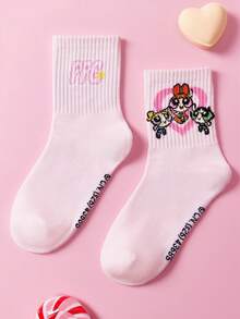 THE POWERPUFF GIRLS X SHEIN 2雙時尚可愛卡通粉色與白色中筒襪，甜美圖案，柔軟透氣吸濕，休閒款，加強腳趾與腳跟，耐穿，適合四季，夏冬皆宜，印花圖案含花朵、氣泡與毛茛花 - 混色 - 查看 4