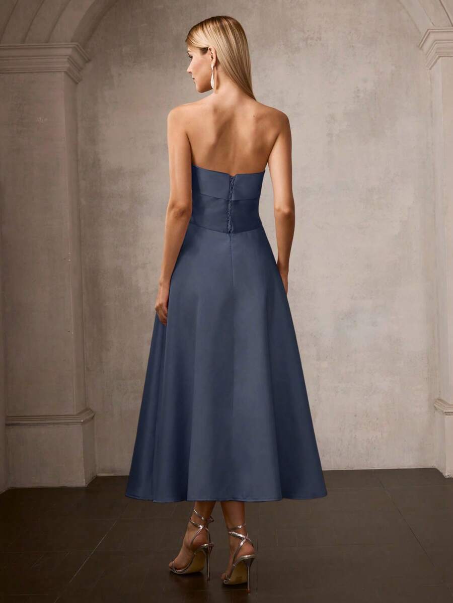 MOTF PREMIUM ELEGANT STRAPLESS ANKLE-LENGTH A-LINE SATIN PARTY DRESS WITH FLORAL RHINESTONE, CINCHED WAIST, CRISSCROSS BACK STRAPS , ELEGANT LUXURIOUS STYLE IDEAL FOR WEDDINGS, GALA DINNERS, AWARD CEREMONIES, CELEBRATIONS - Navy Blue - View 2