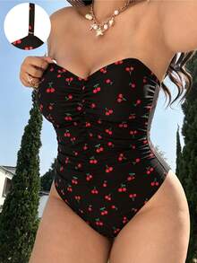 Swim Vcay 2026 New Leopard Print Bandeau Removable Adjustable Shoulder Strap Ruched Front Side Drawstring Waist Cinched Semi-Coverage Hip One-Piece Swimsuit For Women, Simple Elegant Fashion Sexy Beach Vacation - Multicolor - View 3