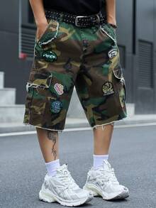 PAVTROS Men's Casual Streetwear Multi-Pocket Distressed Frayed Hem Camouflage Denim Shorts - Army Green - View 3