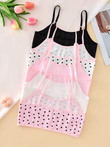 5 piezas/Set Camiseta interior corta de tirantes para niñas preadolescentes, dulce, con estampado de corazones en toda la prenda, simple, esencial y de moda - Multicolor - Ver 2