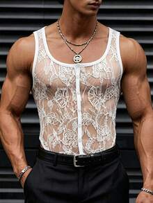 Manfinity Dauomo 男士性感蕾絲透視背心上衣 - 白色 - 查看 2