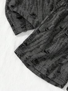 Young Boy T-Shirt Set Loose Straight Leg Basic Crew Neck Short Sleeve, Fabric With Distressed/Hollowed Out Texture Treatment, Asymmetric Wear, Frayed Edges And Hollowed Out Texture Make The Basic Dark Gray Fabric Instantly Have A Vintage Street Style, With A Brand Design Sense, Bottoms Are Loose Straight Leg Shorts, Shorts Also Continue The Same Style As The Top - Black - View 6