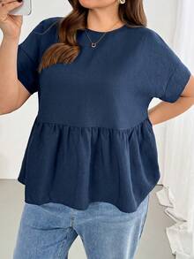 SHEIN Essnce Áo sơ mi babydoll nữ size lớn tay ngắn màu đen, phong cách thời trang thường ngày thoải mái, dáng rộng, tôn dáng, cơ bản dễ phối đồ cho mùa xuân/hè, áo blouse nữ, áo top đen, phong cách đơn giản, thời trang hè châu Âu - Màu xanh hải quân - Xem 5