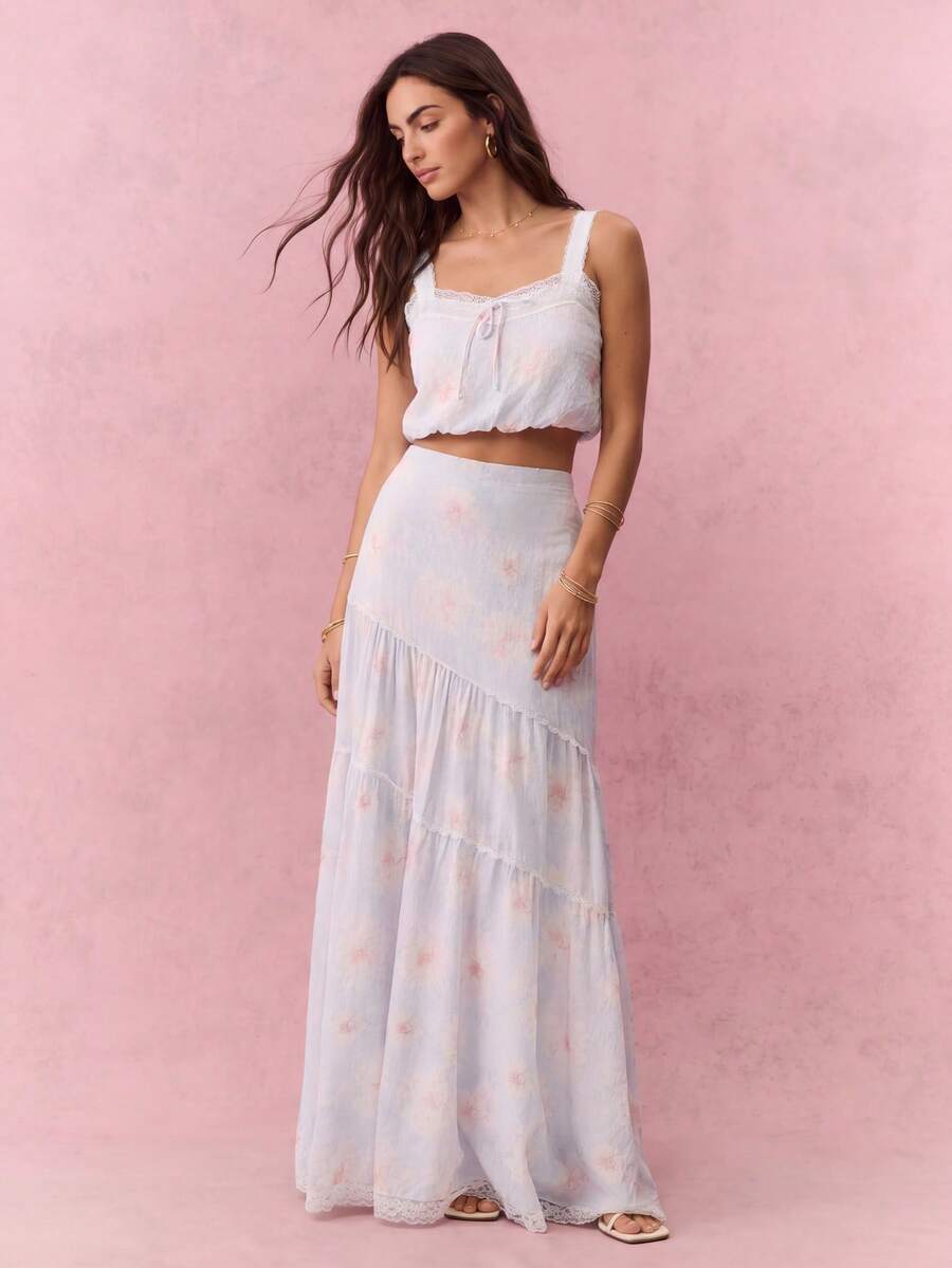 Willow Rêve Women's Light Blue Floral Print Lace Trim Cropped Camisole Top And Maxi Skirt 2-Piece Set Holiday Vacation Summer Boho Cottagecore Romantic Picnic - Blue - View 1