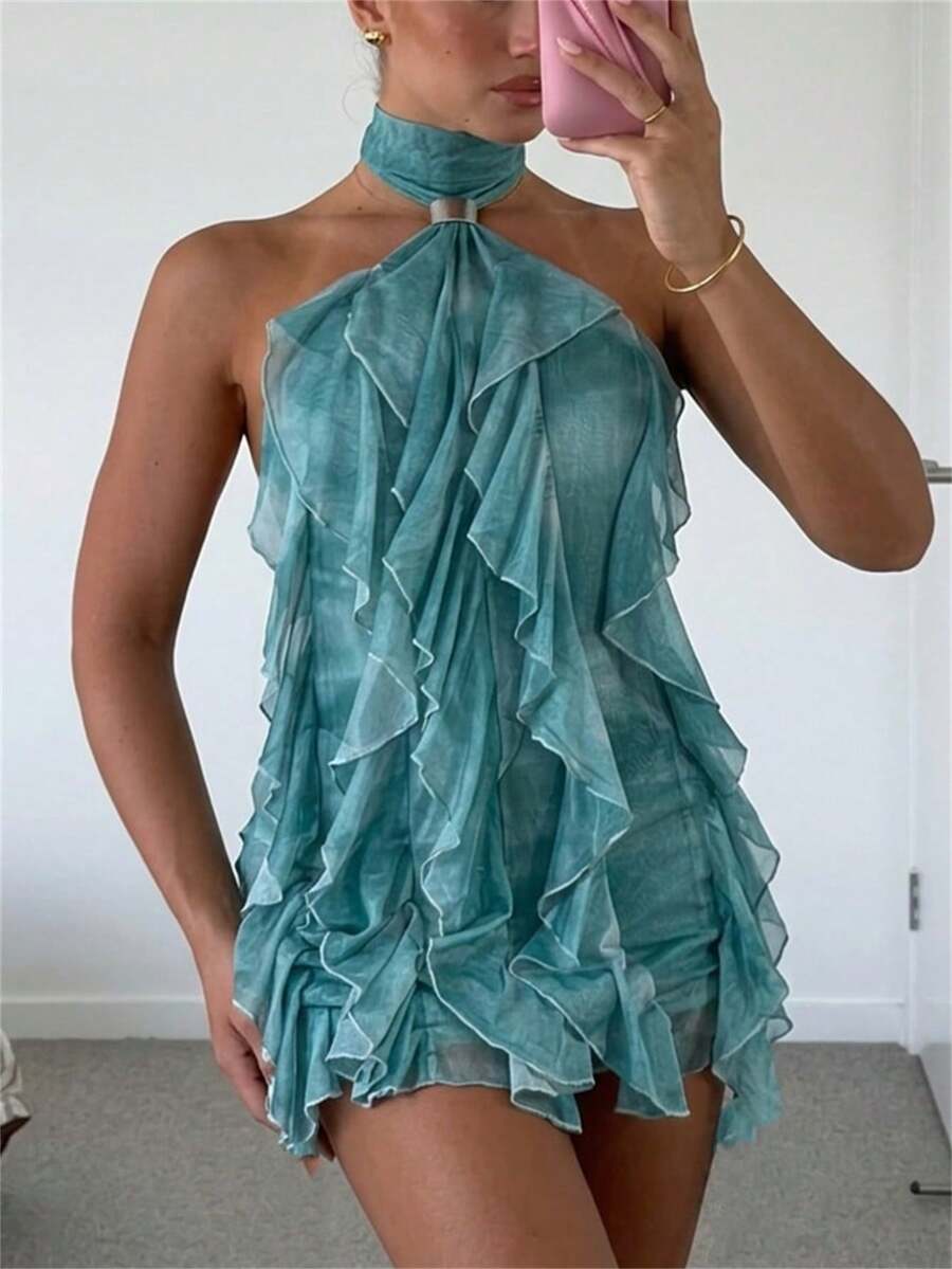 Aloruh 女士优雅系带领口金属扣装饰多层荷叶边下摆修身迷你度假连衣裙 - 彩色 - 查看 1