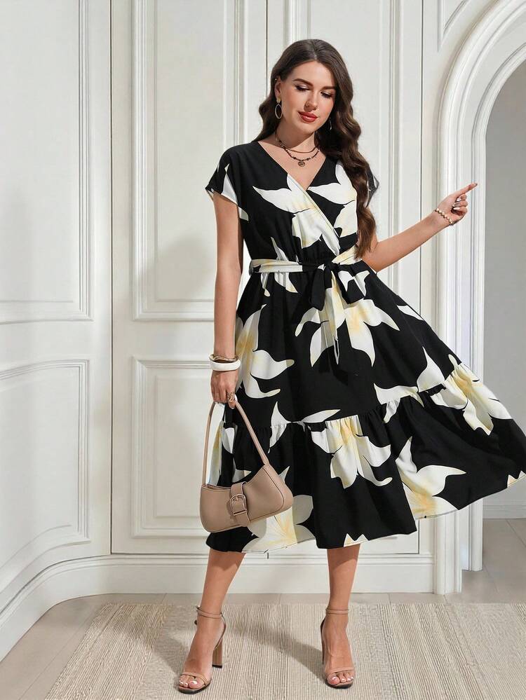 Plus Size Women V-Neck Floral Print Ruched Casual Party Dress,Summer Outfits For , Outfits,Vacation Holiday Dresses