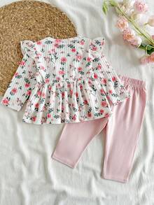 SHEIN Vintaside Kids 新生兒長袖露肩圓領清新時尚簡約數位印花上衣搭配百搭休閒粉色長褲套裝，適合日常休閒、幼兒園、學校、朋友聚會、露營、野餐及其他活動 - 淺粉色 - 查看 3