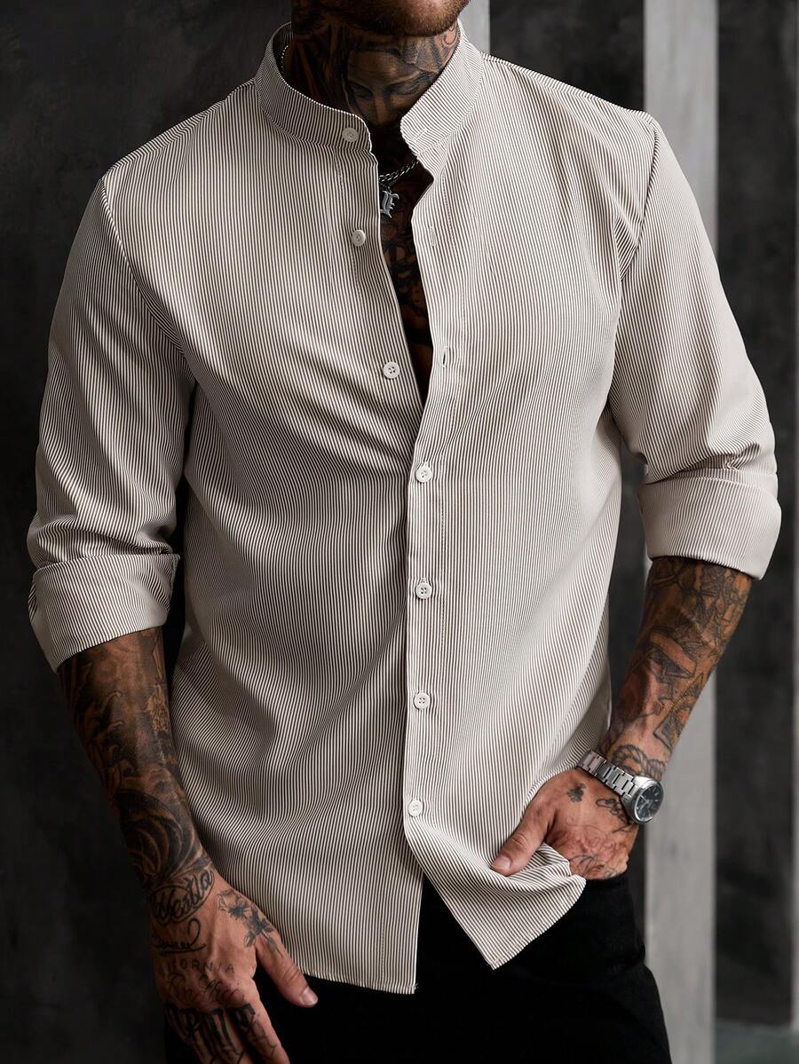 Calvornis Men Striped Print Button Front Casual Long Sleeve Shirt For Boyfriend Gift, For Fall Ceremony, Formal - Multicolor - View 1