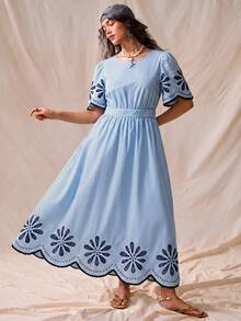 Nubod Women's Plus Size Blue Striped Long Dress, Round Neck, Half Sleeve, Placed Print, Cinched Waist, Large A-Line, Ruffle Hem, Exquisite Elegant, Suitable For Bestie Party, Afternoon Tea, Commute, Street, Daily Casual, Beach, Seaside Vacation, Blue Women's Plus Size Long Dress - Multicolor - View 3