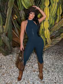 SHEIN SXY 性感繃帶女款海軍藍露背掛脖修身連身褲 一件式緊身長褲套裝 適合夜店、健身房、夏季穿著 - 藏蓝色 - 查看 6