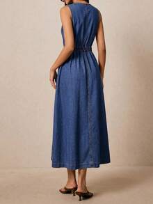 SHEIN Tall 高个女式翻领无袖纽扣牛仔中长连衣裙，休闲夏季优雅日常穿搭 - 深色水洗藍 - 查看 2