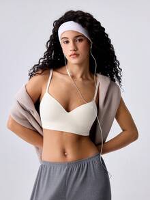 Loungeista Beige Ribbed Fixed Cup Bra, Comfortable Thin Cup Wireless Casual Women's Underwear, All-Match Classic Daily Versatile Bra - Beige - View 9