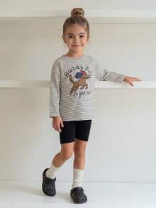 DAZY Striped Round Neck Pullover Loose T-Shirt Top Young Girls T-Shirt Set - Black and White - View 4