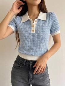 DAZY Contrast Collar Puff Sleeve Polo Tee - Blue - View 8