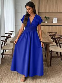 Elouméa Đầm midi nữ màu trơn, eo nhún sâu, xếp ly, phong cách thường ngày cho kỳ nghỉ - Blue Power - Xem 3