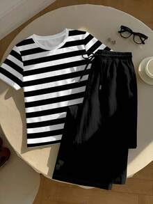 SHEIN EZwear 两件套：刺绣圆领短袖上衣和条纹印花长裤，休闲款 - 彩色 - 查看 4