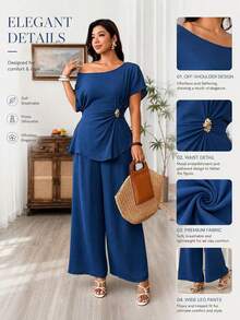 Weeklong Plus Size Women's Asymmetrical Shoulder Ruched TopPocketed Pants, 2-Piece Set, Navy Blue, Summer, Tropical, Vacation, Holiday, Elegant - Navy Blue - View 2
