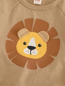 Cozy Pixies Bộ 2 món cho bé trai gồm áo thun cổ tròn tay ngắn và quần short cạp chun in hình sư tử hoạt hình, chất liệu mềm mại. - Màu Khaki - Xem 5