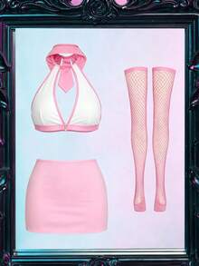 Fantasy Costume Fantasy Costume 女款性感警察服裝5件套，含領帶、緊身開衩裙與魚網襪 - 粉色 - 查看 5