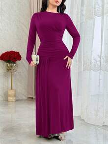 Feyla Gaun Panjang Elegan Wanita Berpinggang Tinggi Warna Polos, Cocok untuk Makan Malam dan Kencan, Warna Hijau Mint, Musim Gugur - Red Violet - View 6