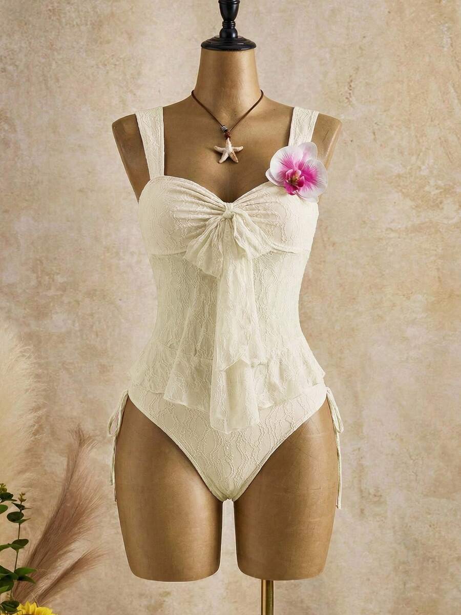 Bellisia 女款海灘度假前打結式吊帶分體式比基尼套裝 - 米色 - 查看 1