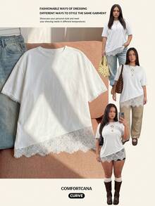 Comfortcana Plus Size Asymmetrical Hem Lace Loose T-Shirt Date Night Evening Birthday All White Summer Elegant Frenchy - White - View 10