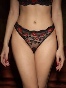 Bella Beso 1 Set Damen Schwarze Lippen Jacquard Schleife Pailletten Gepolsterter Unterbügel-BH Set - Schwarz - Übersicht 8