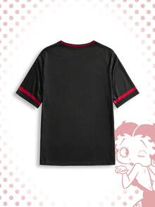 Betty Boop | ROMWE Women's Summer Casual Streetwear Fashion Street Style Daily Commute City Break Holiday Cartoon Character Letter Print V-Neck Short Sleeve T-Shirt - Black - View 2