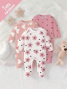 SHEIN Vintaside Kids 【随机3套，送1套】可爱爱心印花、艺术花卉印花、粉色波点印花，新生儿连体衣，舒适便捷，春夏柔软休闲睡衣套装，让宝宝看起来可爱活泼，柔软舒适的面料，给新生儿带来母爱般的拥抱感。 - 彩色 - 查看 6