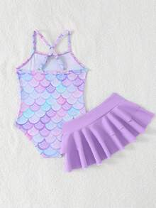 SHEIN Baju Renang Terusan Bayi Perempuan dengan Rok, Motif Stroberi yang Lucu - Purple - View 2