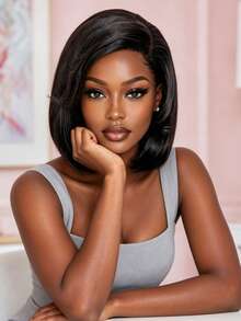 Wear & Go Straight Lace Bob Wig With Curtain Bangs 10 Inch Short Straight Bob Wig With 3.5 Inch Side Lace Part Glueless Bob Wig With French Bangs Natural Black Color - Natural Black - View 2