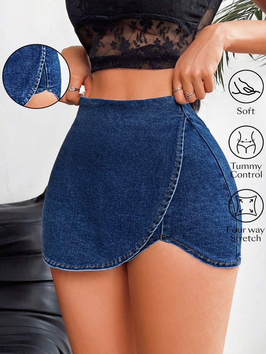 Sunnyshic Plus Size Women's Asymmetric Hem High Waist Fashion Denim Skort - Blue - View 1