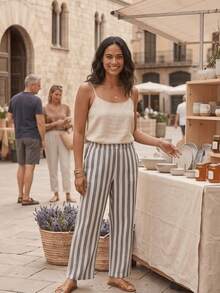 Light Lino Striped Wide Leg Pants - Summer Style With Elastic Waist - Grey - View 3