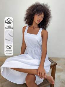 DAZY Women's Solid Color Square Neck Summer Sleeveless Loungewear Dress - White - View 3