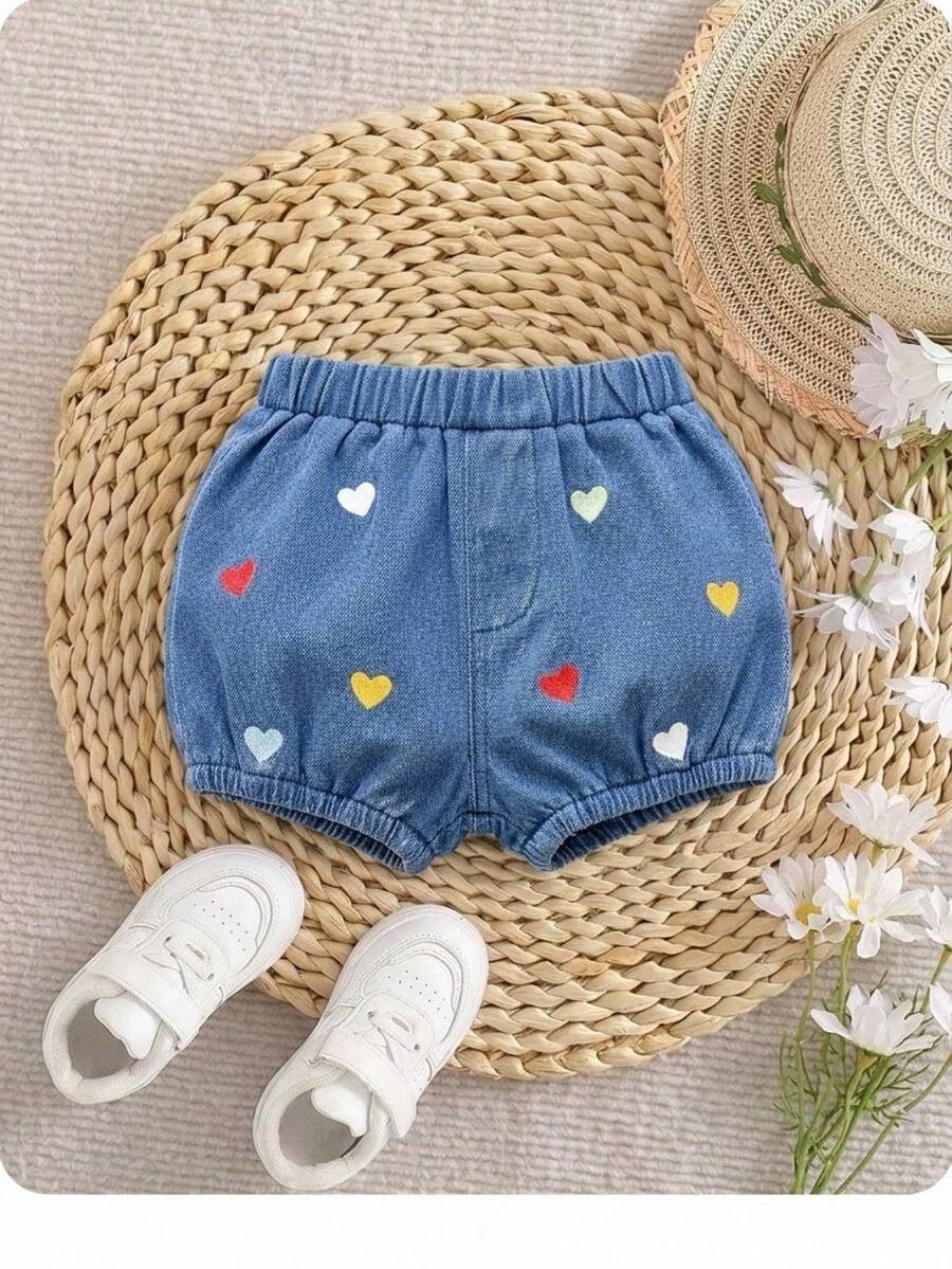 SHEIN Baby Girls' Colorful Heart Pattern Washed Soft Denim Shorts Sports Stretchy And Comfortable Summer Festival Beach - Blue - View 1