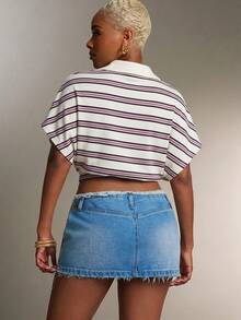 Denimoi Cinched Waist Collared Striped Polo Top Fashionable Tops Collared Top - Purple - View 2