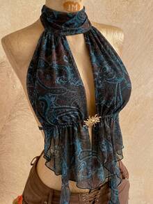 Soleia Women's Summer Sexy Beach Vacation Style Paisley Print Metal Decor Backless Tie Halter Top - Coffee Brown - View 7