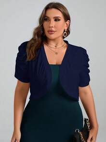 Chikora Chaqueta corta de unicolor con mangas abullonadas y plisadas, talla grande, estilo casual de negocios para mujer - Azul Marino - Ver 7