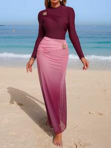 Swim Shayni Women's Gradient Long Sleeve Long Pants Mesh Skirt Metal Buckle Burkini Swimwear, Suitable For Spring/Summer Beach Swimming Burgundy Pink Modest - Burgundy - View 3
