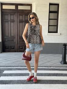 Femmeiva Casual Versatile Round Neck Drawstring Leopard Print Ruffle Trim Fitted Sleeveless Women Shirt - Multicolor - View 3