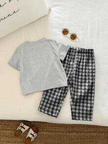 SHEIN Baby Boy Baby Boy 2pcs/Set Spring Summer Cute Dinosaur Pattern Short Sleeve T-Shirt And Green Plaid Long Pants Pajama Set, Suitable For Home, Casual, Outings And Daily Wear - Multicolor - View 2