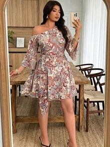 Weeklong Plus Size Women's Spring/Summer Asymmetric Neckline Cold-Shoulder Bohemian Print Ruffle Sleeve Button Waist Belt Tie A-Line Short Dress Fall - Multicolor - View 4