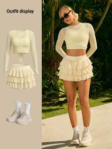 Fluxe Women's Vacation Multilayer Ruffle Hem Cute Cake Mini Skirt Perfect Airport Outfit Suitable For Tennis Yoga Studio Pilates Daily Wear Cute Summer Outfits Festival Outfits Beach Outfits Sea Going Out Outfits Women's Gym Clothes Gym Female Gym Set Casual Sets Holiday Outfits Vacation Sportswear Workout Sets Yellow Skirt - Yellow - View 8