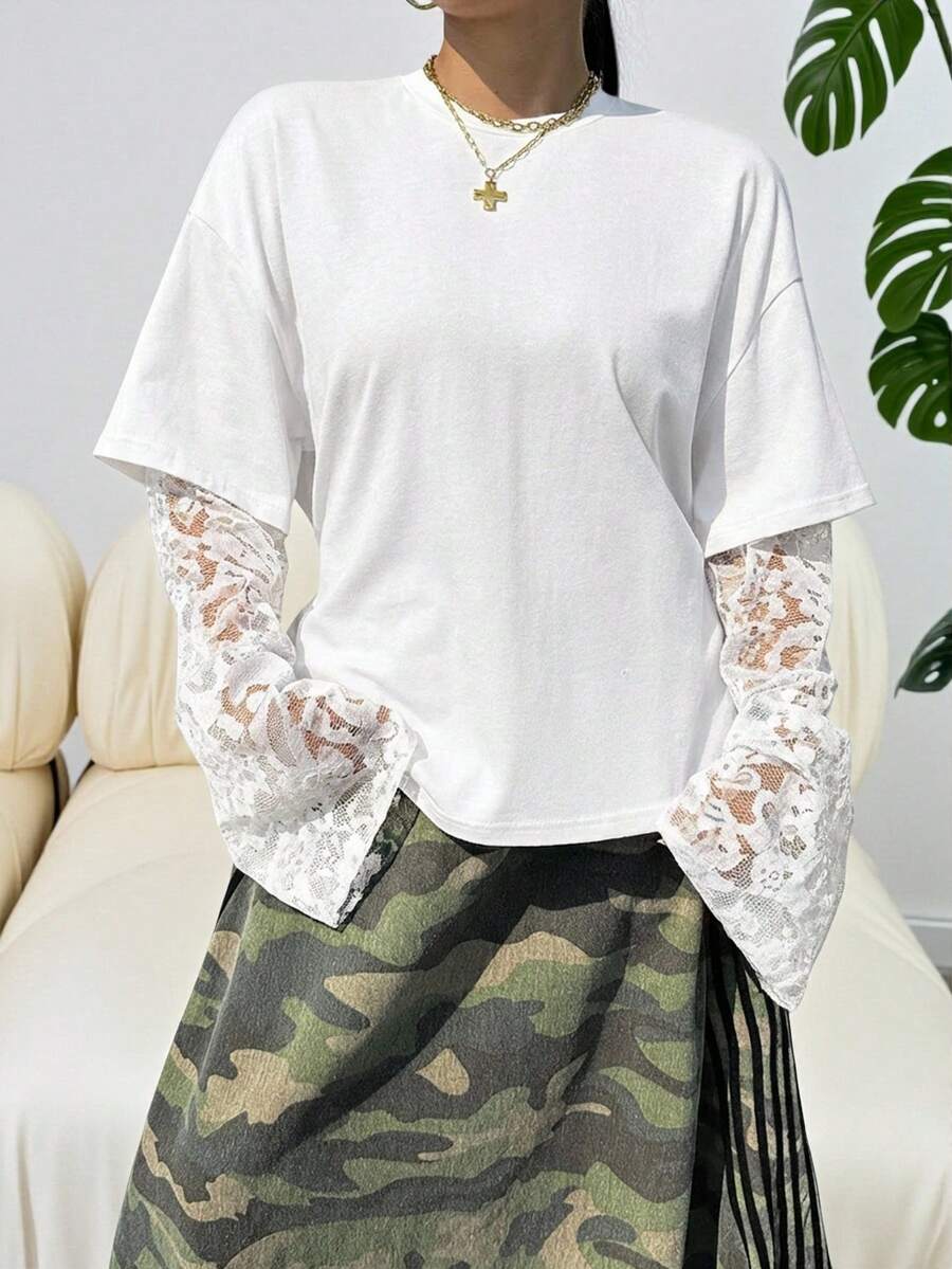 SHEIN EZwear 大码女式白色撞色蕾丝二合一T恤 - 白色 - 查看 1