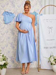 Loomaby Gaun Hamil Elegan Warna Polos dengan Lengan Ruffle Satu Bahu, Gaun Pengungkapan Jenis Kelamin Bayi, Gaun Hamil, Gaun untuk Acara Baby Shower - Biru - View 11