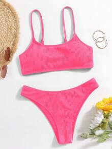 Swim Mod Bộ đồ bơi nữ 2 món tách rời, áo cổ tròn dây mảnh màu trơn chất liệu vân nổi và quần bikini tam giác - Màu đỏ anh đào - Xem 3