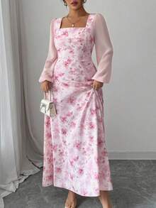 Modelyn Đầm dự tiệc cổ vuông tay dài họa tiết hoa hồng chắp vá thanh lịch dành cho nữ - Hồng - View 5